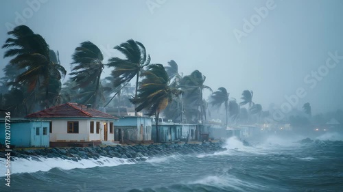 Violent storm batters tropical coast with crashing waves and thrashing palm trees creating dramatic natural disaster scene