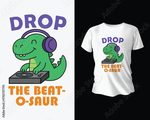 Cute dinosaur DJ with headphones and turntable on t-shirt