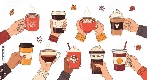Cozy autumn vibes with warm drinks held by diverse hands, perfect for sharing stories