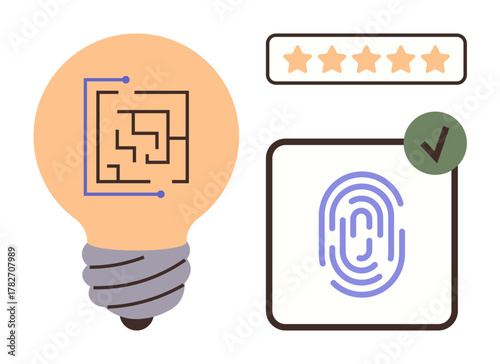 Light bulb with maze for ideas, fingerprint scan for security, and five-star rating for evaluation. Ideal for innovation, creativity, technology, security, quality, problem-solving originality