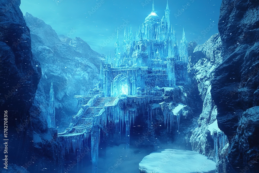 Obraz premium icy castle and temple built from shimmering blue ice crystals