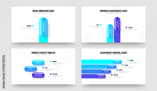 Digital Review One Two Three Four Option Infographic Slide Layout Vector Illustration Collection. Investor Proposal 1 2 3 4 Element Diagram Presentation Template Set.