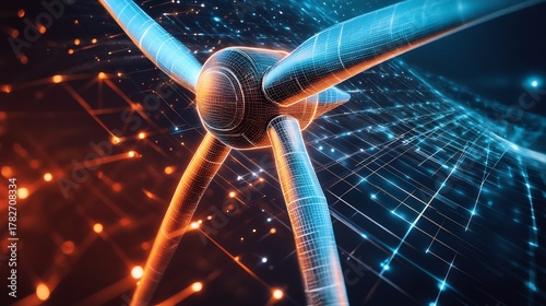 Fototapeta Naklejka Na Ścianę i Meble -  Wind turbine in digital space with orange and blue lights, energy transition concept