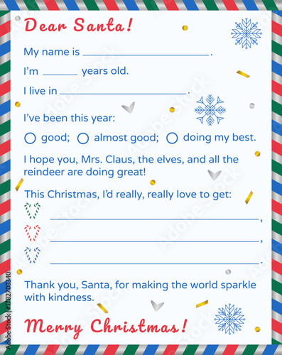 Christmas letter to Santa Claus. Kids’ postcard with a wishlist. Vector template with gold and silver decorative elements - snowflakes, candy canes, hearts, confetti