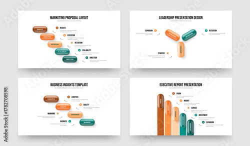 Modern Campaign Five Three Four Option Diagram Slide Design Vector Illustration Set. Visual Launch 5 3 4 Step Infographic Slideshow Template Collection.