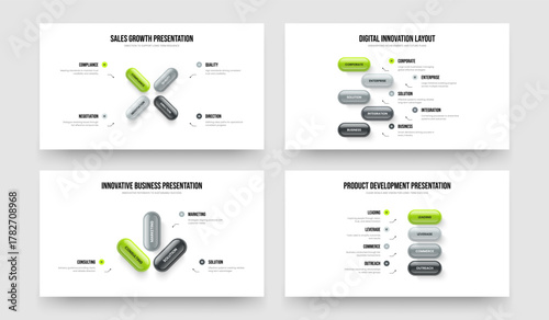 Creative Proposal Four Five Three Step Infographic Presentation Template Vector Illustration Collection. Marketing Launch 4 5 3 Element Diagram Slide Design Bundle.