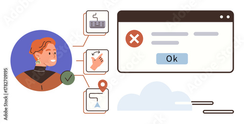Person contemplating error message with icons for keyboard, touch gesture, navigation, and location. Ideal for UX, decision-making, tech support, error handling, task management digital tools user