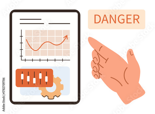 Hand gestures towards rising graph, controls, and gear with Danger sign. Ideal for business risk, market volatility, warning, decision-making, finance, strategy simple flat metaphor
