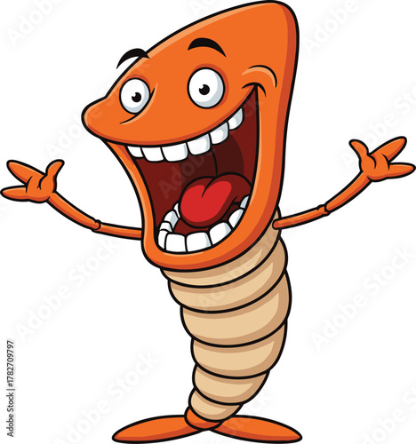 Cartoon shrimp worm, funny mascot character, vector illustration, joyful animated creature, children’s artwork, playful bug design, humorous crustacean cartoon, excited