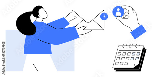 Woman holding an envelope with notification alert, hand selecting user profile, and calendar tasks. Ideal for communication, organization, workflow, email, task management, scheduling simplicity