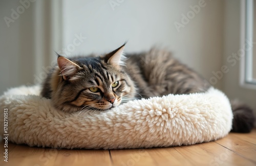 Wallpaper Mural Fluffy tabby cat rests comfortably on soft round bed. Domestic feline animal lounges peacefully indoors with sleepy green eyes. Cute pet relaxes, enjoys cozy nap time. Torontodigital.ca