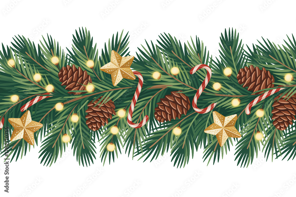 Naklejka premium Festive Christmas garland with pine branches, candy canes, golden stars, and glowing lights, perfect for holiday decorations.