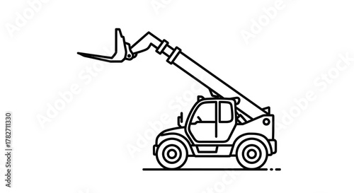 Simple line drawing of a construction telehandler machine with a claw