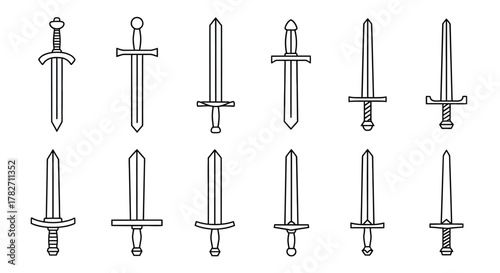 A collection of various medieval swords displayed in a simple sketch style