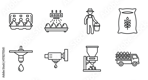 Coffee production process illustrated with simple line icons and related elements