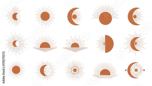 Vector illustration of collection of bohemian celestial icons featuring moon and sun phases on a white background