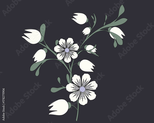 Fantasy flower stem with white buds. Vector illustration for embroidery, appliqués, clothing and textile decoration, postcards