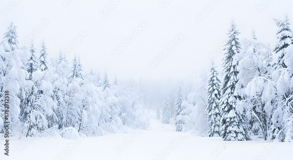 Fototapeta premium Snow-covered forest landscape with no footprints, white diffuse sky, no human presence. 