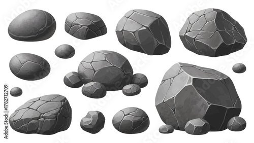 Vector illustration of set of realistic grey stones and rocks of various shapes and sizes on a white background