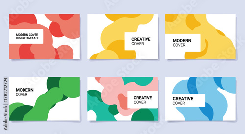 Vector illustration of set of six modern abstract graphic design templates with colorful organic shapes and text placeholders