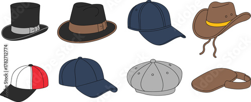 Hat style collection, top hat, fedora, baseball cap, cowboy, visor, newsboy, fashion headwear vector, brim detail, accessory illustration