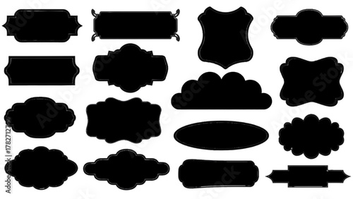 Vector illustration of collection of black silhouette shapes for labels, badges, and banners on a white background