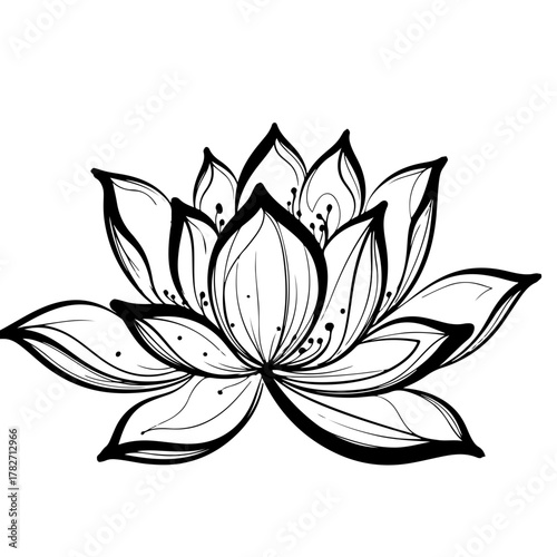 A detailed hand-drawn lotus flower with layered petals, symbolizing purity and enlightenment. Perfect for tattoo art, logos, and spiritual designs.