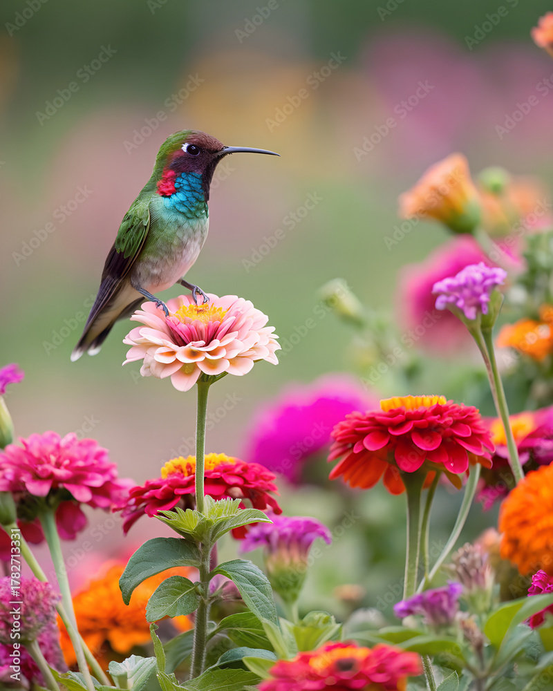 Fototapeta premium Hummingbird Resting and Perched on a Soft Pink Zinnia in a Summer Garden..