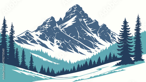 Majestic Winter Mountain Landscape with Pine Trees and SnowCovered Peaks.