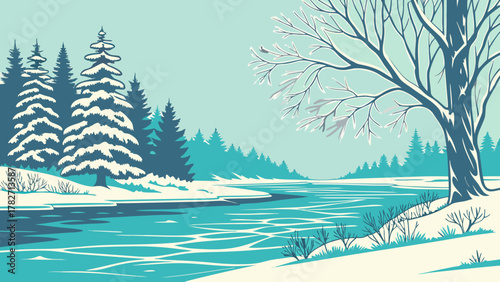 Winter landscape with snowcovered trees and frozen river.