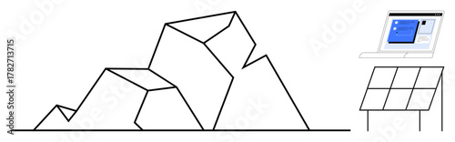 Geometric mountains beside a solar panel and a laptop screen with interactive interface. Ideal for sustainable energy, renewable technology, innovation, digital solutions, eco-futurism, climate