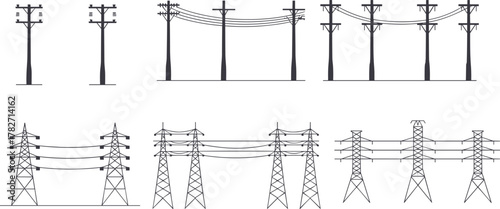 Collection of utility poles and power transmission towers with electric wires and cables, illustrating electricity distribution and energy infrastructure concept
