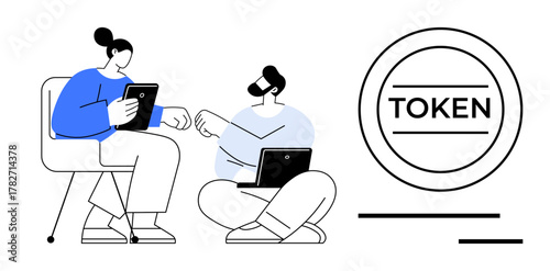 Two individuals using tablets while discussing a digital token concept. Ideal for teamwork, technology, digital payment, blockchain, cryptocurrency, collaboration, and innovation. Simple flat
