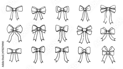 Vector illustration of set of various hand drawn bow tie ribbon elements on a white background