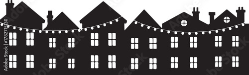 Black silhouette of row houses with string lights buildings 1