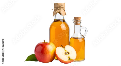 Two glass bottles of amber liquid with apples and a leaf on black apple cider vinegar