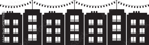 Black silhouette buildings with string lights white