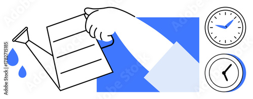 Hand pouring water from a watering can with droplets, accompanied by two clocks. Ideal for growth, productivity, time management, investment, nurturing, planning and efficiency. Simple flat metaphor