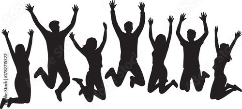 Seven black silhouette figures jumping with arms raised