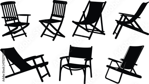Set of folding chair silhouettes in various styles for outdoor, camping, garden, beach, and patio use – vector illustration design