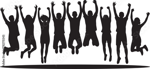 Black silhouettes of people jumping with arms raised