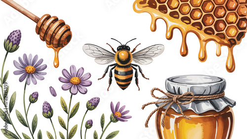 Bee Honeycomb Flowers Honey Jar and Wooden Dipper Watercolor Illustration Keywords: bee, honey, honeycomb, flowers, daisy, lavender, honey jar, dipper