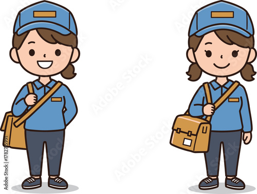 Cute cartoon female postal worker wearing blue uniform and cap carrying mail bag, post office delivery illustration design