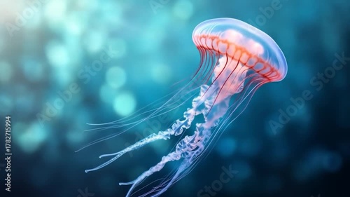 Vibrant glowing jellyfish swimming gracefully in deep blue underwater ocean environment marine life