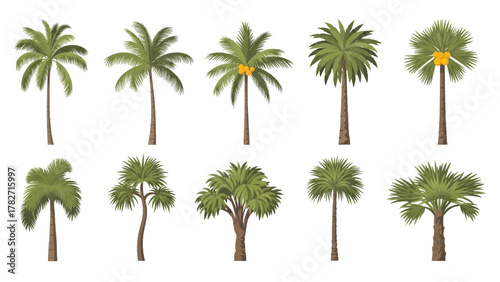 Vector illustration of collection of ten different palm trees on a white background
