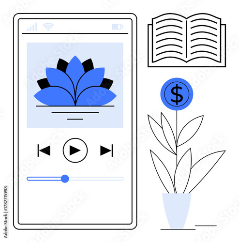 Mobile app interface with a lotus icon and audio controls, open book symbolizing learning, and potted plant with dollar sign denoting financial growth. Ideal for self-care, mindfulness, education