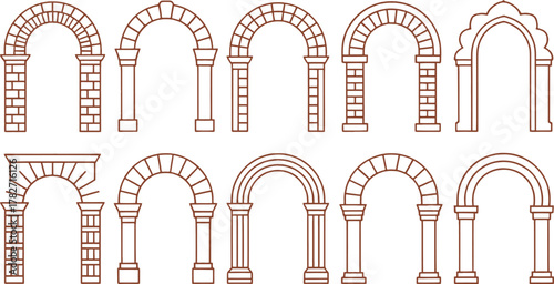 Collection Of Ten Decorative Roman Arches With Columns In Outline architecture pillar