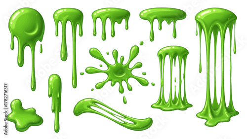 Vector illustration of green slime splatters and drips on a white background