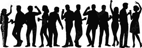 Silhouette group of people socializing with drinks in casual poses, representing party, celebration, interaction, and relaxed lifestyle scene