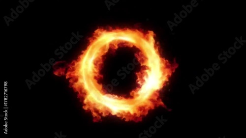 Burning circular flame ring glowing with intense fire on black background